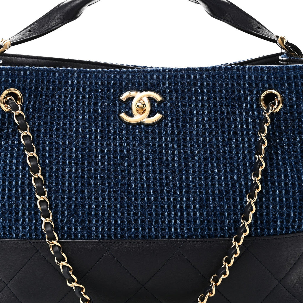 Chanel Tweed Shiny Lambskin Quilted Coco Base Small Shopping Bag Dark Blue