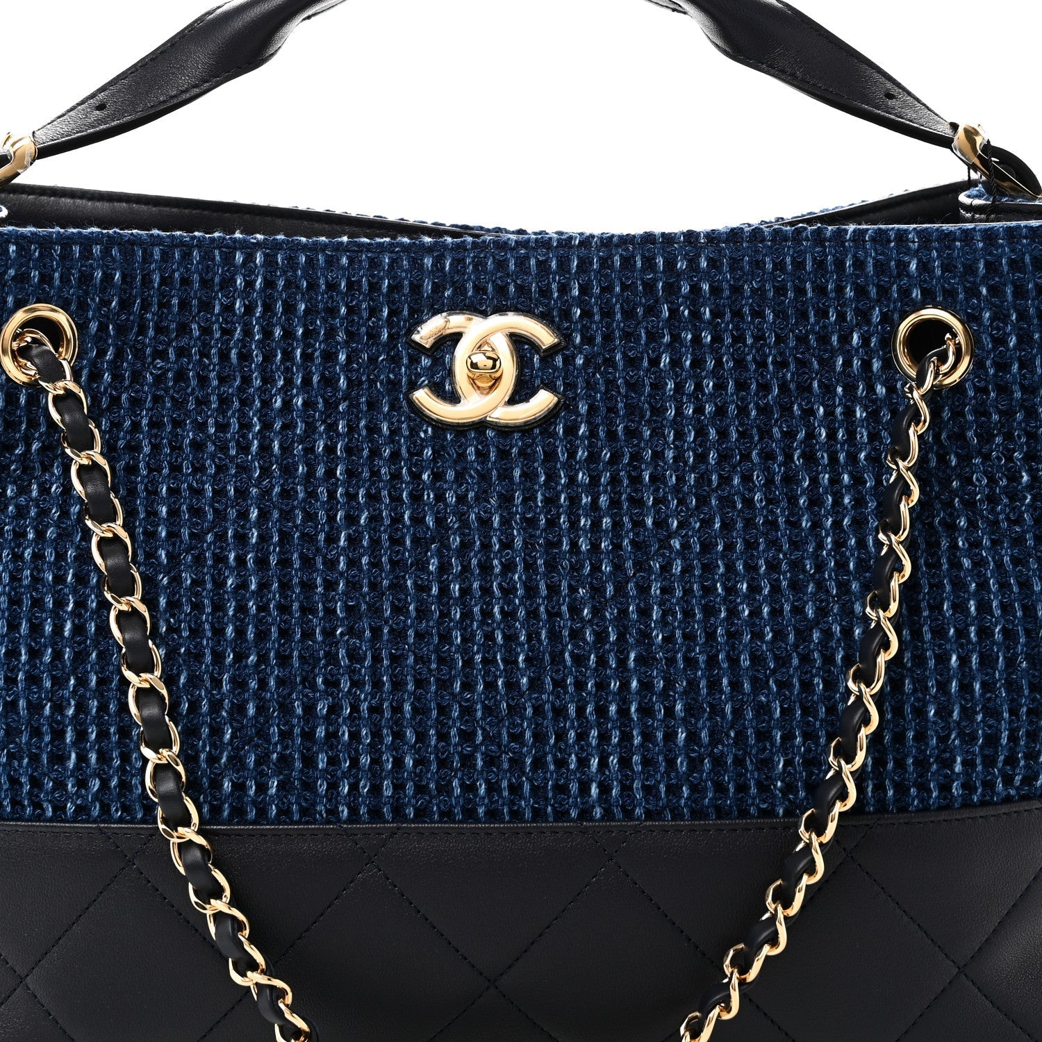 Chanel Tweed Shiny Lambskin Quilted Coco Base Small Shopping Bag Dark Blue