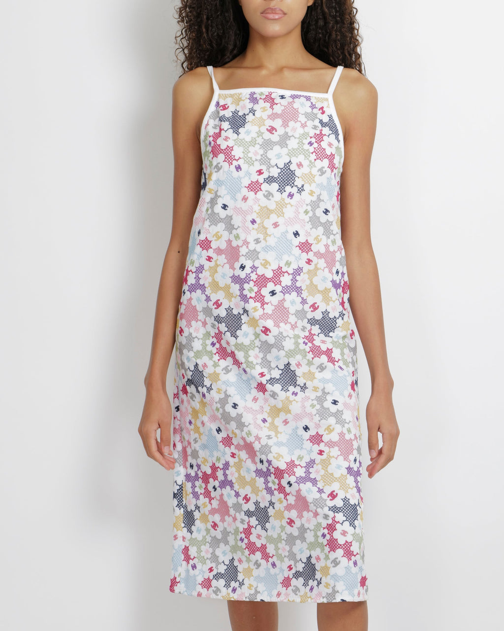 Chanel Pre-Spring 2024 White and Multicolour Embroidered Floral CC Logo Midi Dress Size FR 38 (UK 10)