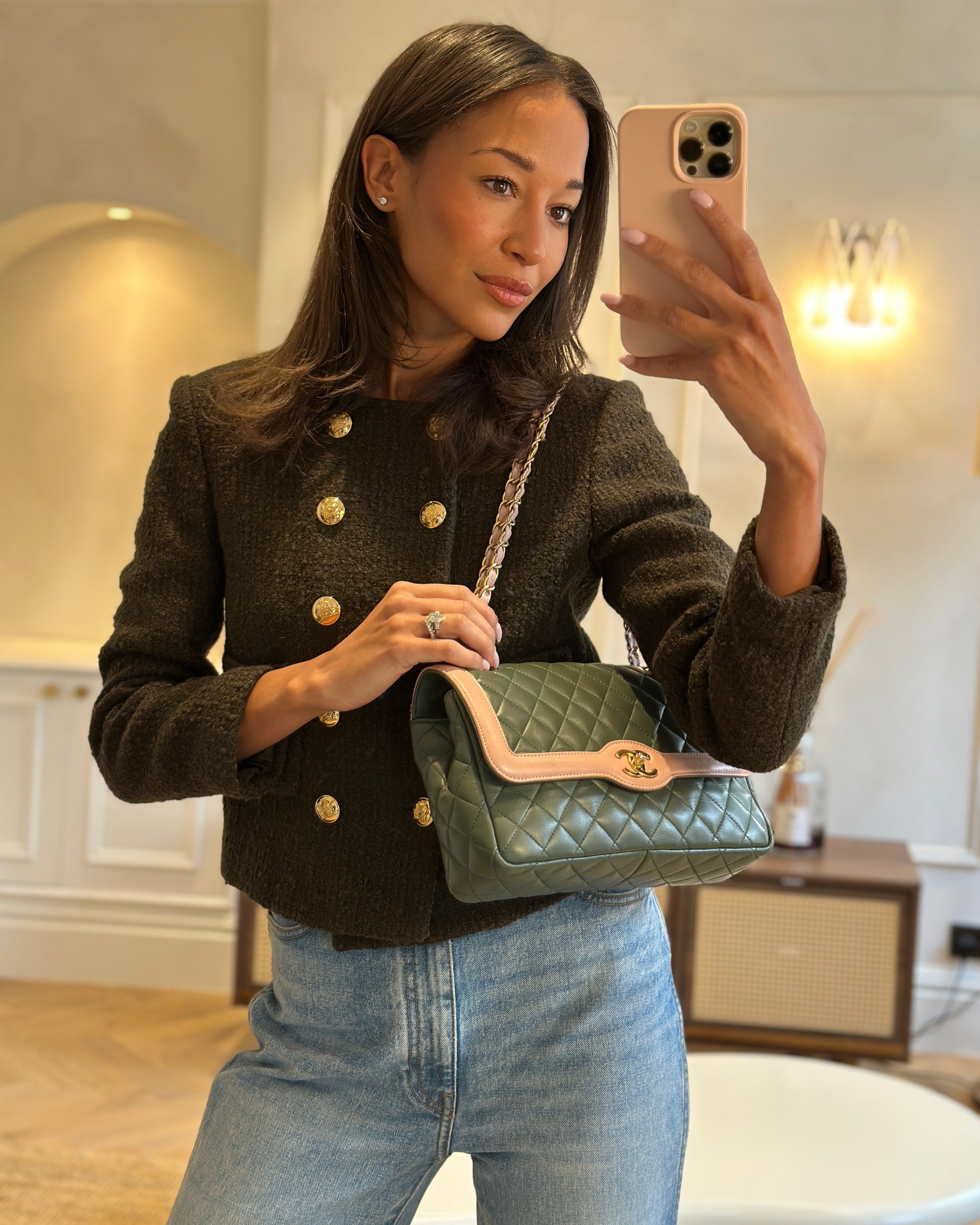 Chanel Khaki and Pink Single Flap Bag in Lambskin Leather with Gold Hardware