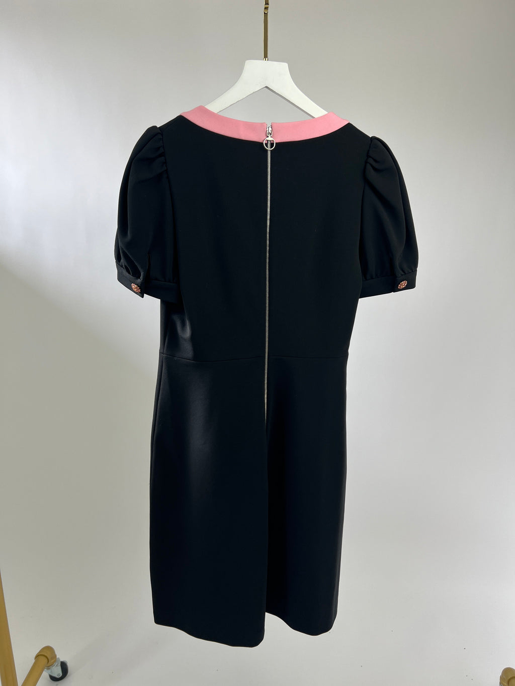 Gucci Black Short-Sleeve Dress with Pink Bow Trim, Crystal Detail Size L (10-12)