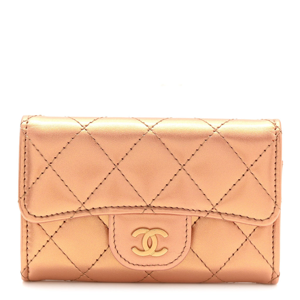 Metallic Lambskin Quilted Flap Card Holder Wallet Golden