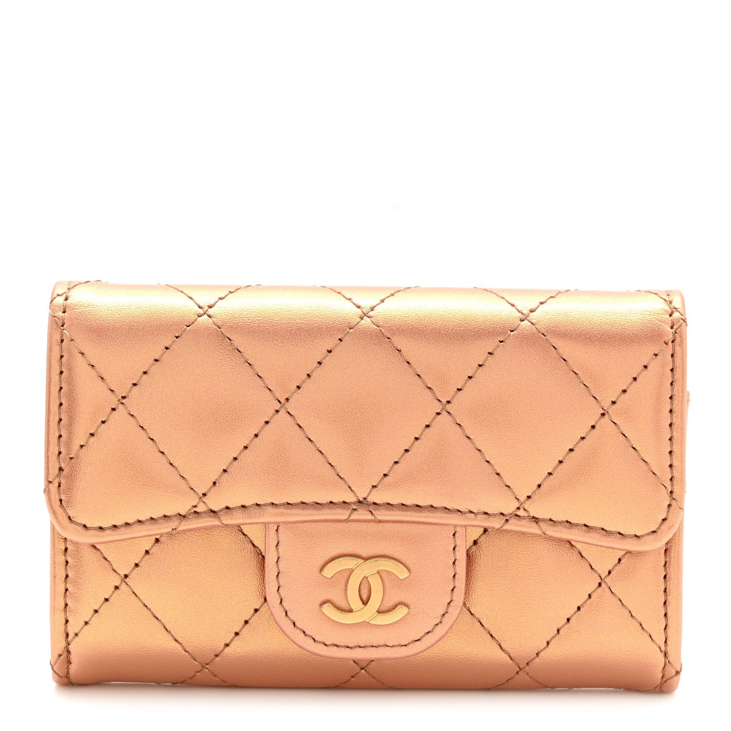 Metallic Lambskin Quilted Flap Card Holder Wallet Golden