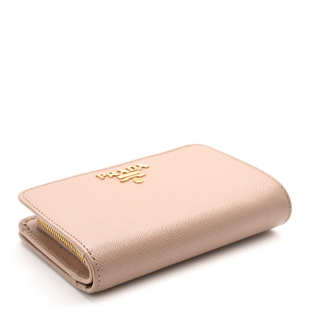 Prada Saffiano Metal Compact Zip Around Wallet Cammeo