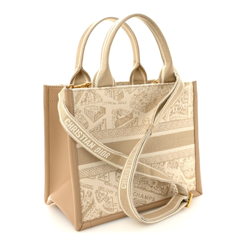 Christian Dior Canvas Calfskin Embroidered Small Plan De Paris Book Tote With Strap Beige