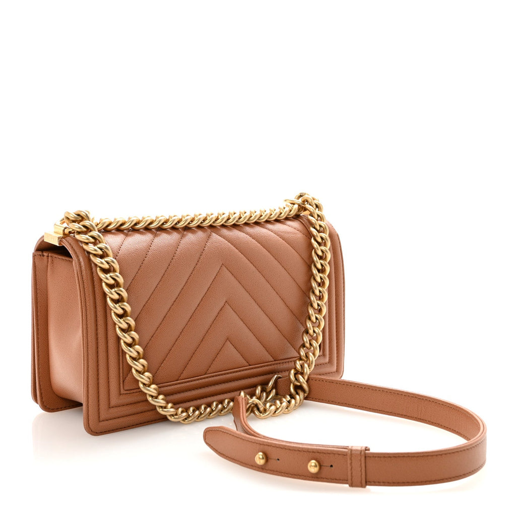 Chanel Caviar Chevron Quilted Medium Boy Flap Brown