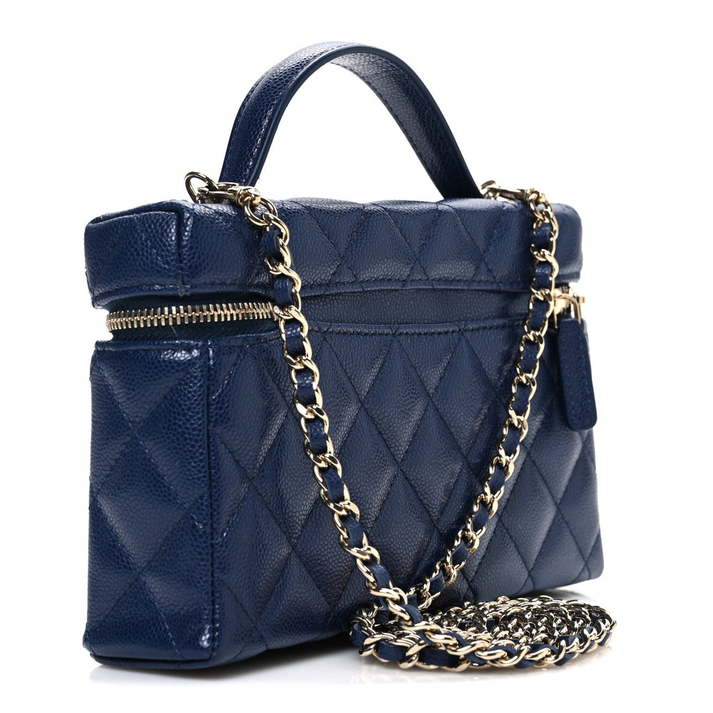 Chanel Caviar Quilted Top Handle Slim Vanity With Chain Navy
