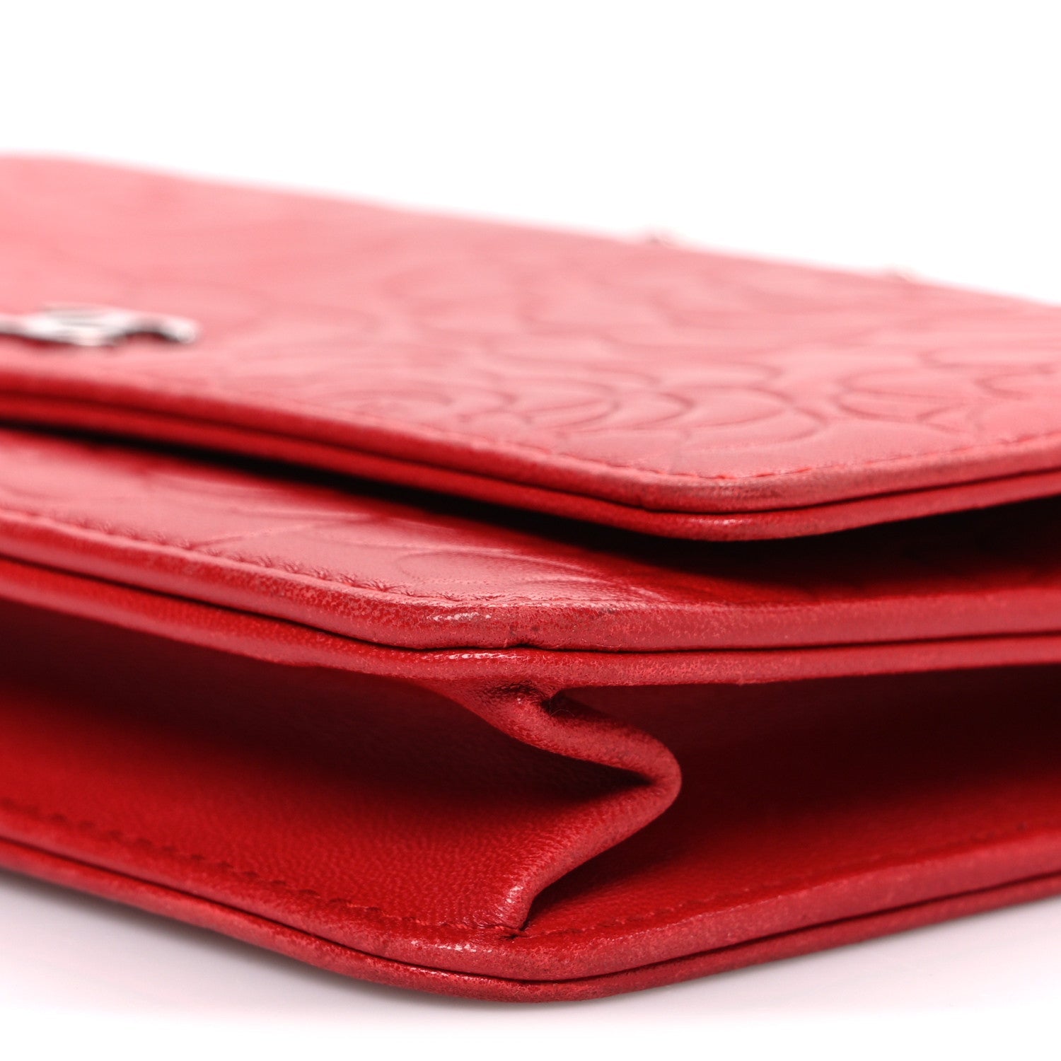 Chanel Lambskin Camellia Embossed Wallet on Chain WOC Red