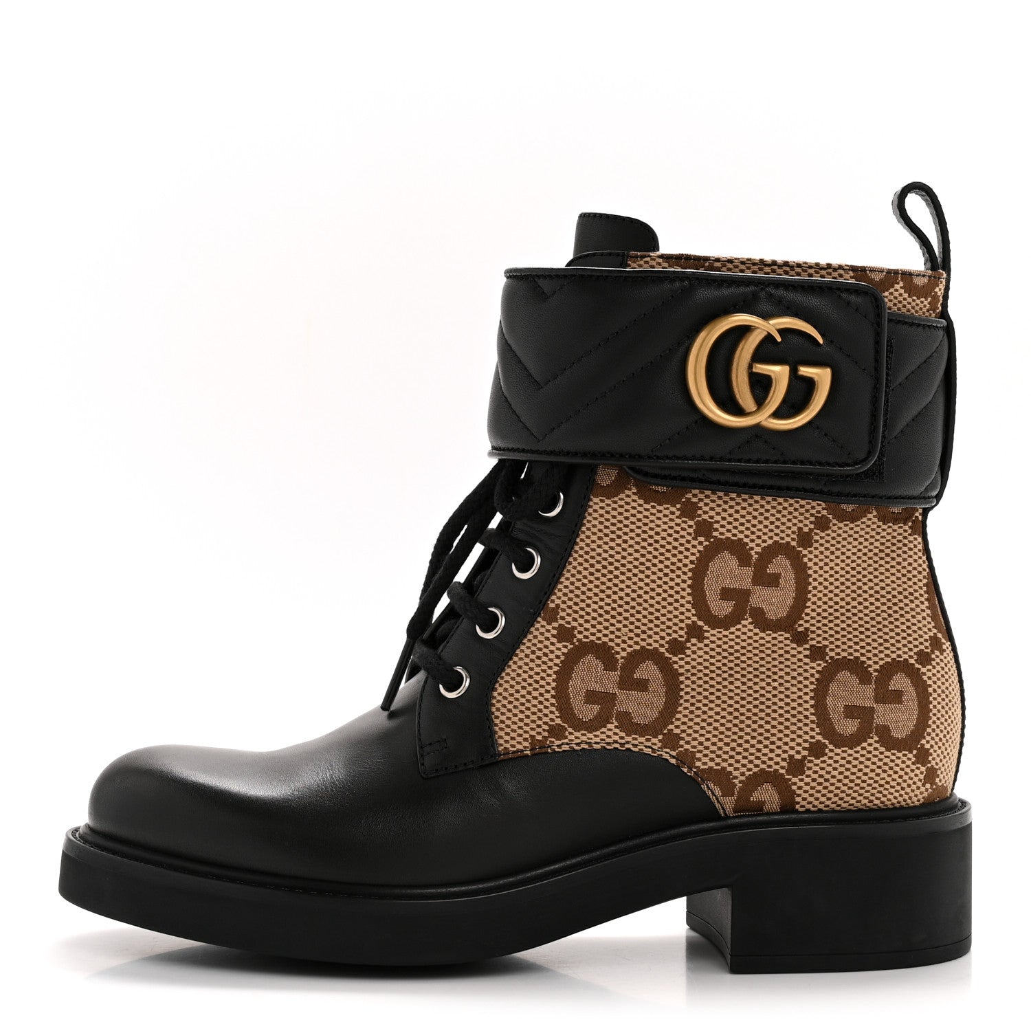 Gucci Flores Calfskin Monogram Maxi GG Nappa Matelasse Double G 40mm Ankle Boots 36.5 Black Camel Ebony