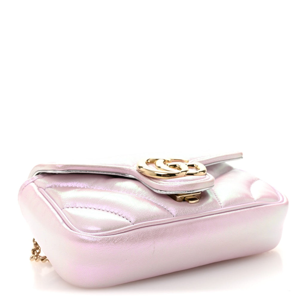 Gucci Iridescent Nappa Chevron Matelasse Super Mini GG Marmont Shoulder Bag Iridescent Escape Pink