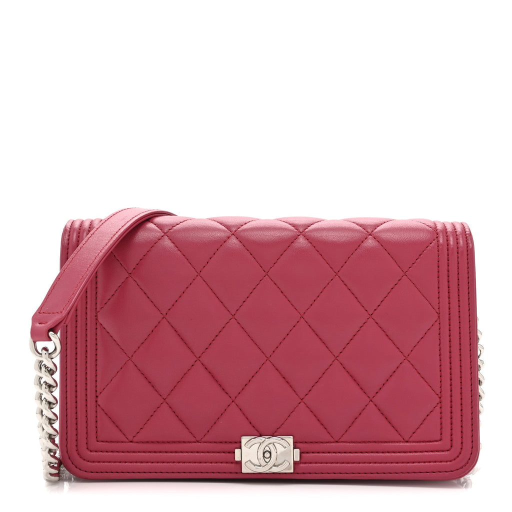 Chanel Lambskin Quilted Boy Wallet On Chain WOC Dark Fuchsia
