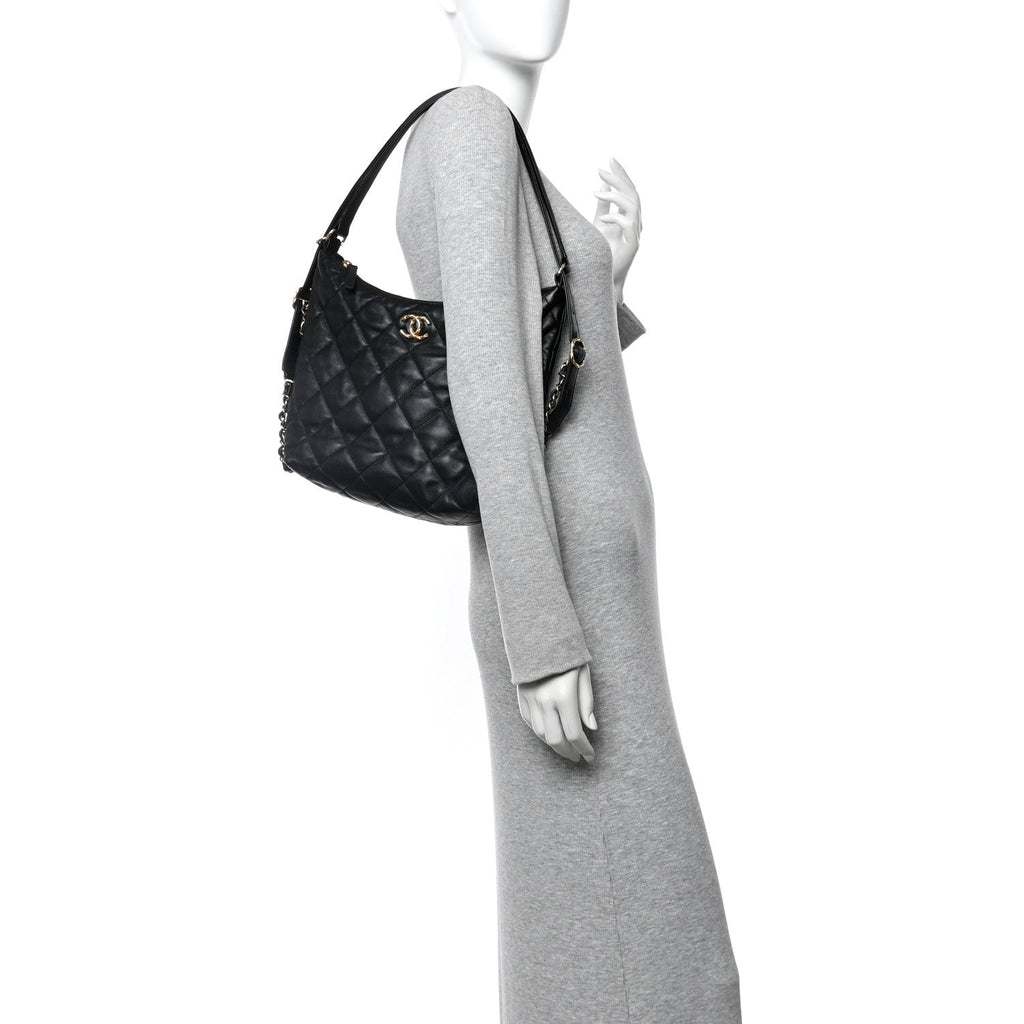 Chanel Lambskin Quilted Maxi Hobo Black