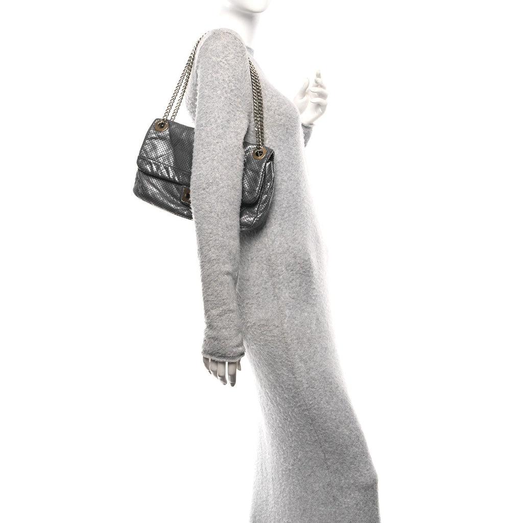 Chanel Metallic Crackled Calfskin Perforated Drill Flap Silver