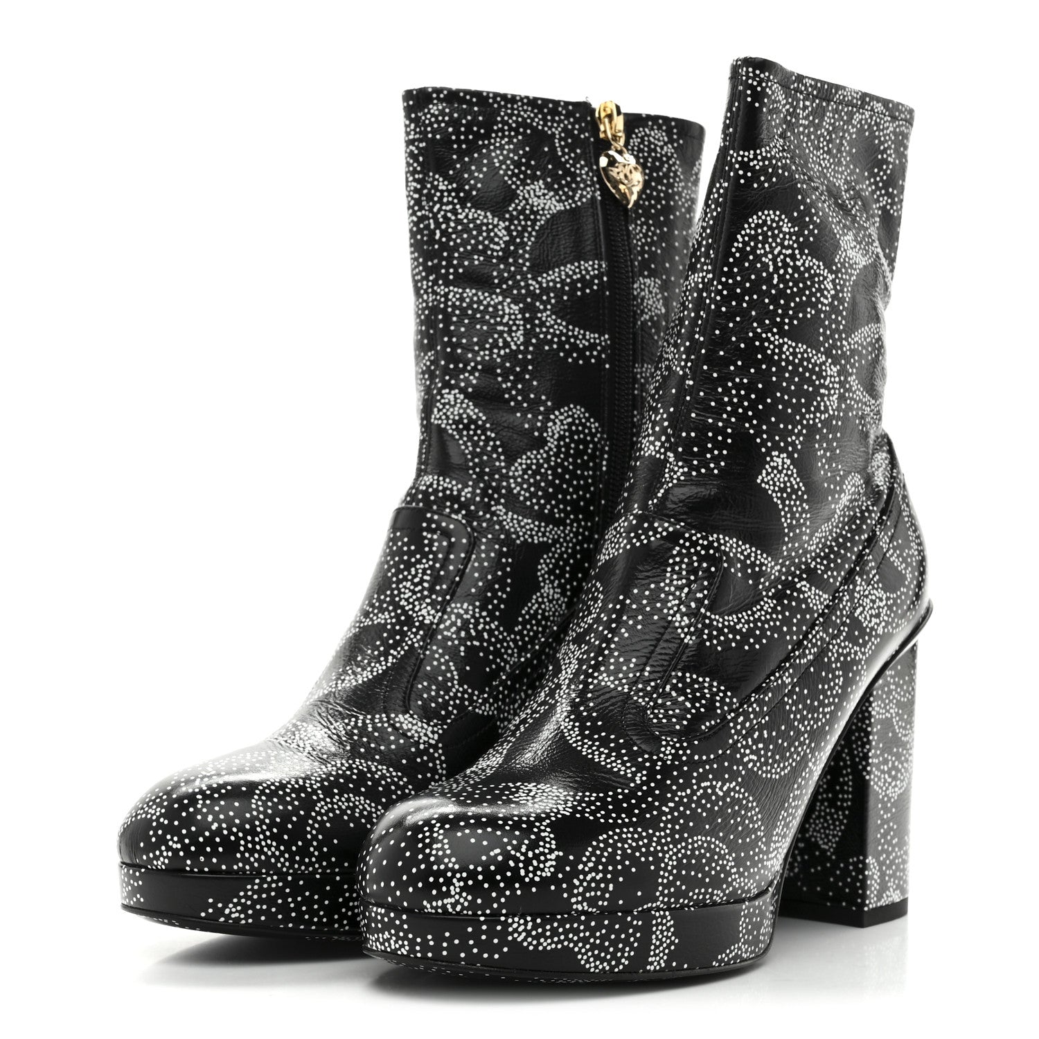 Calfskin Camellia Printed Ankle Boots 38 Black White