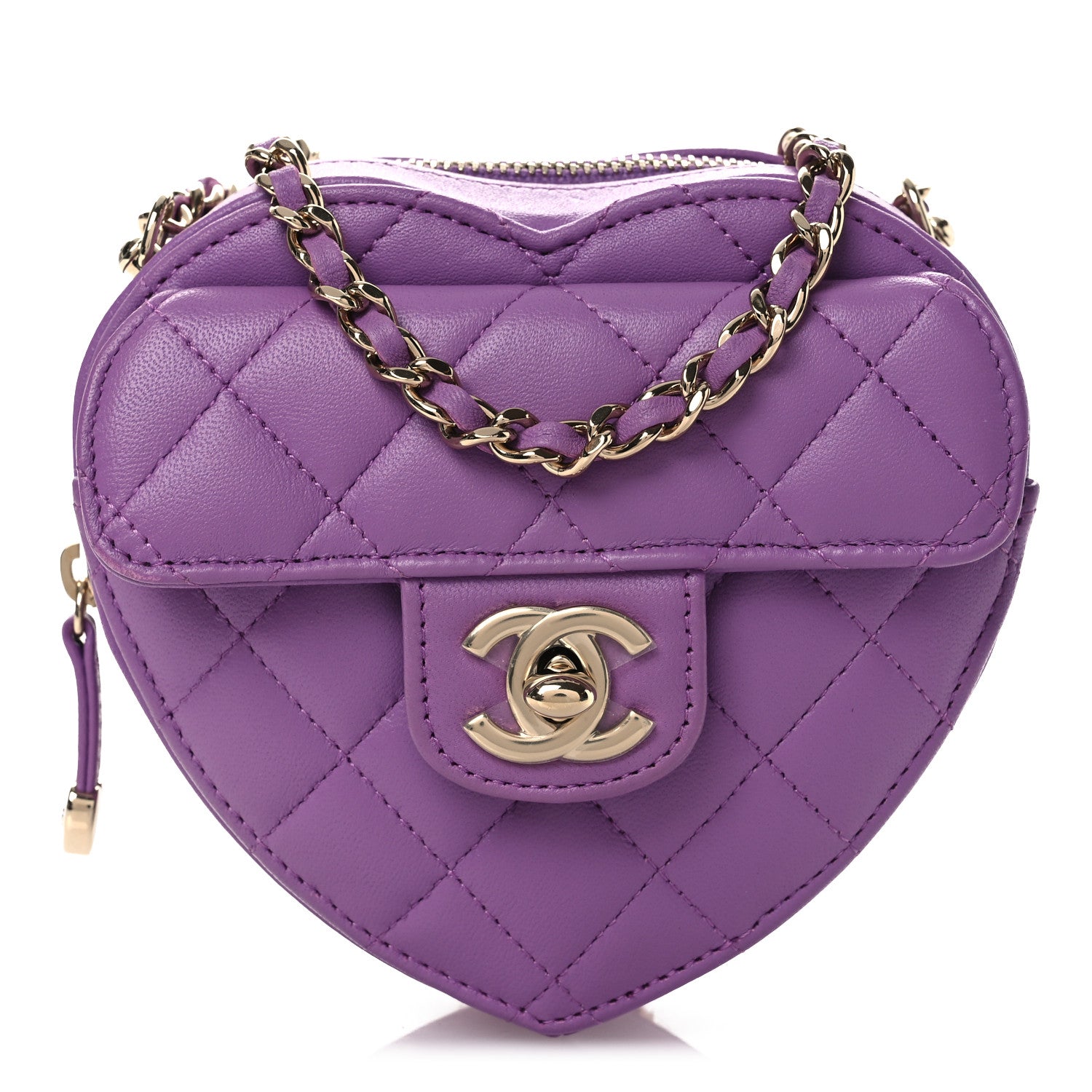 Chanel Lambskin Quilted CC In Love Heart Clutch With Chain Purple