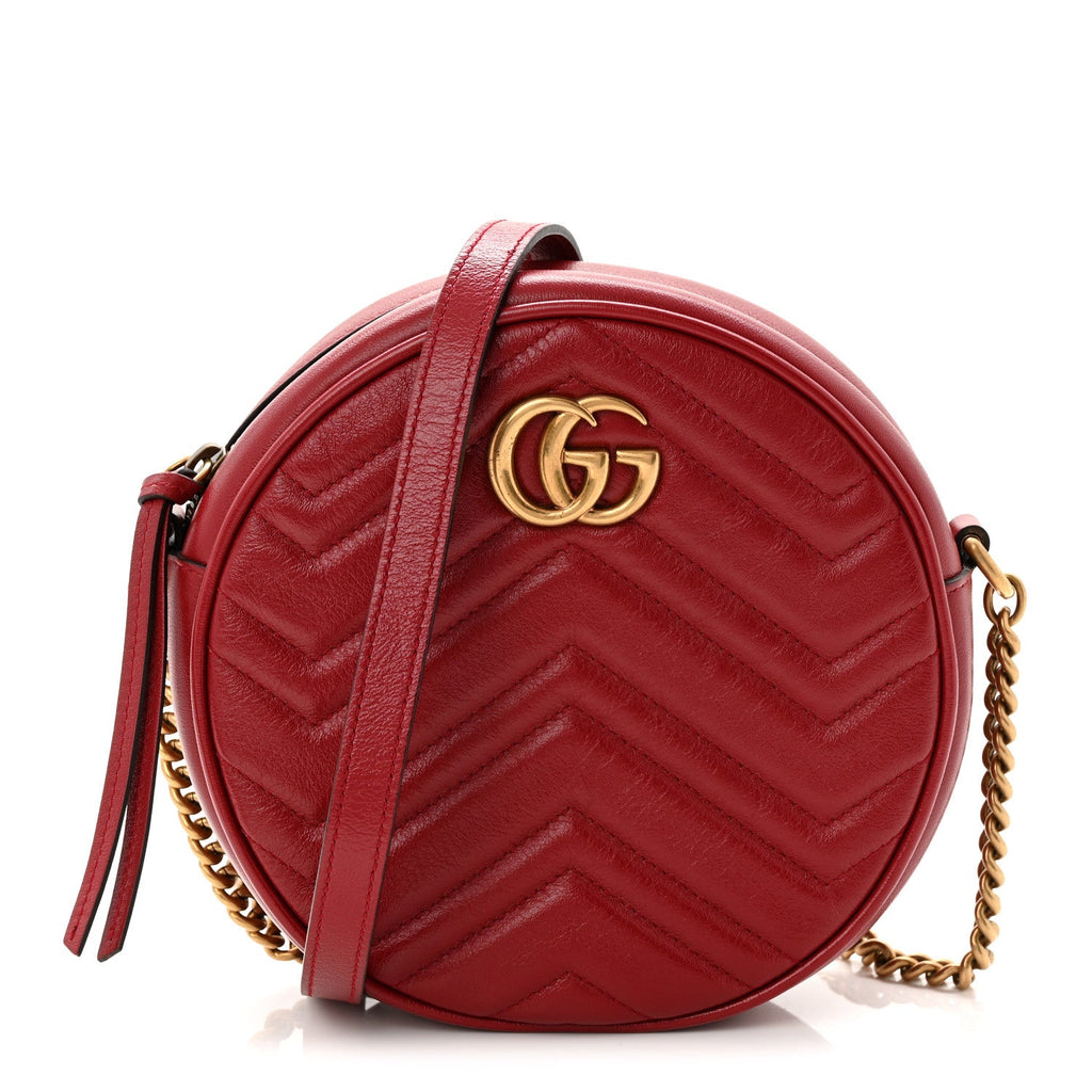 Gucci Glazed Calfskin Matelasse Heart Mini GG Marmont Round Shoulder Bag Romantic Cerise