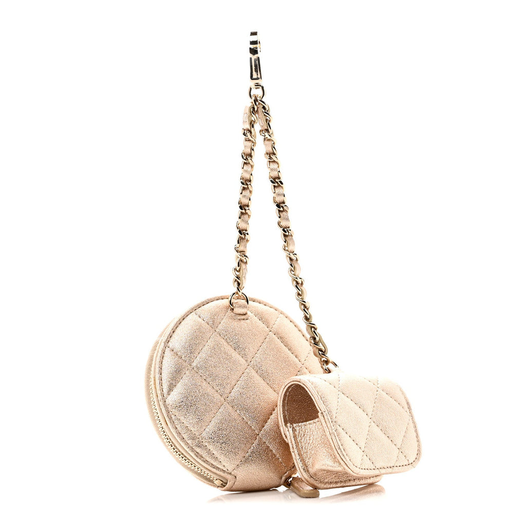 Metallic Lambskin Quilted Round Clip On Coin Purse Airpods Case Gold