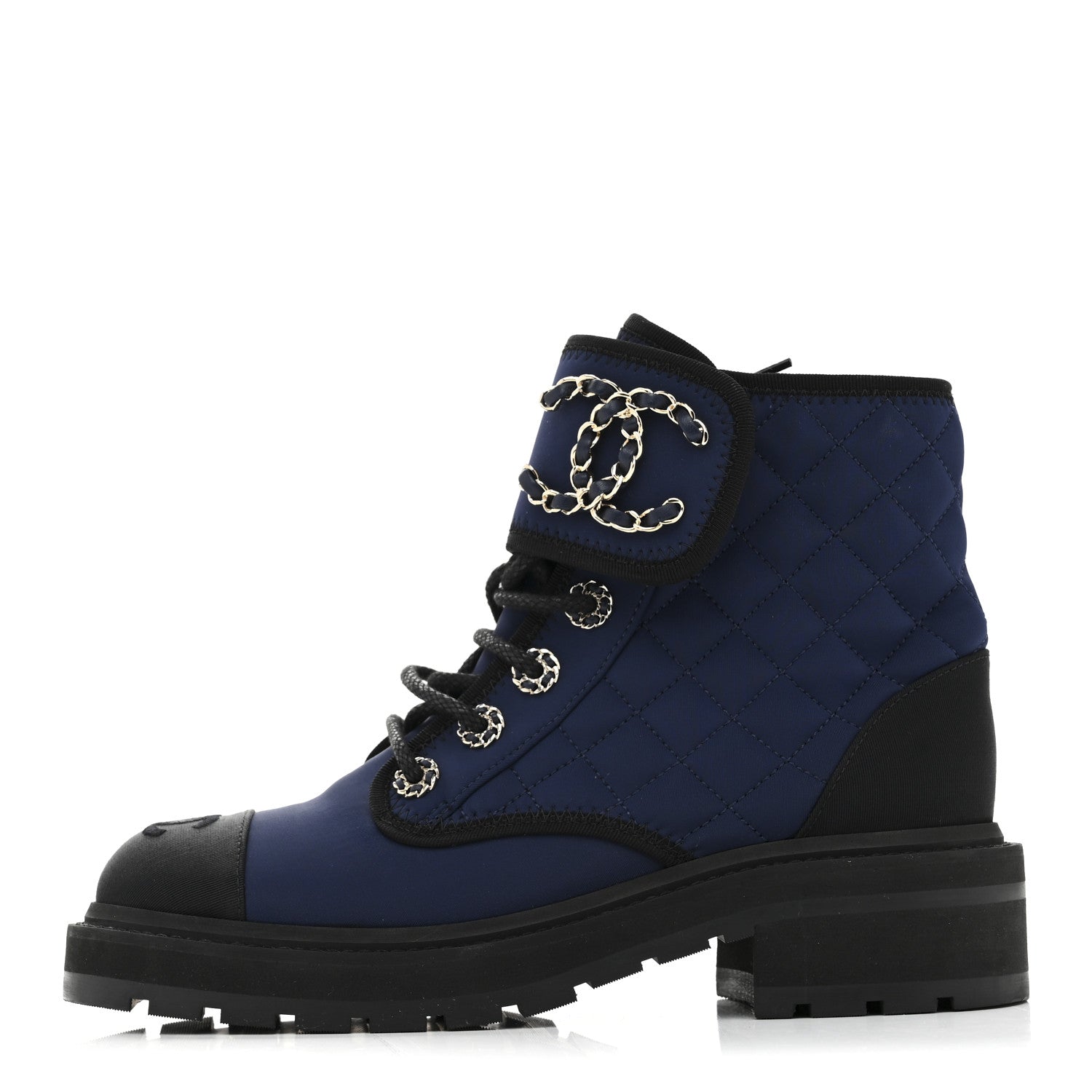 Fabric Grosgrain Quilted Cap Toe Lace Up Combat Boots 36.5 Navy Black