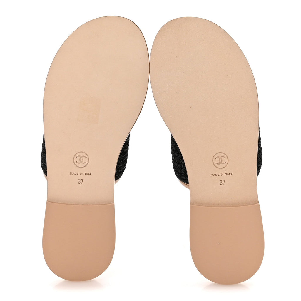 Raffia Lambskin CC Mules 37 Black Beige