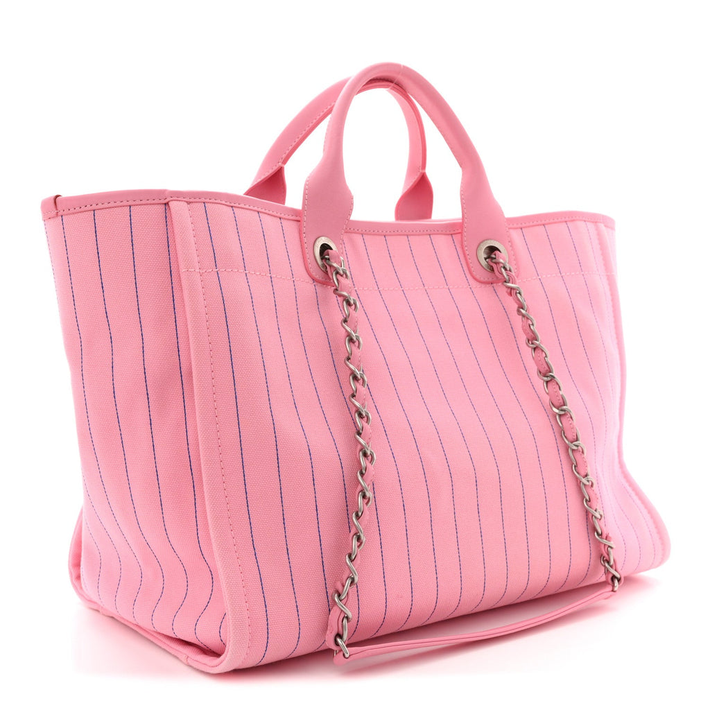 Chanel Canvas Calfskin Striped Large Deauville Tote Pink Blue