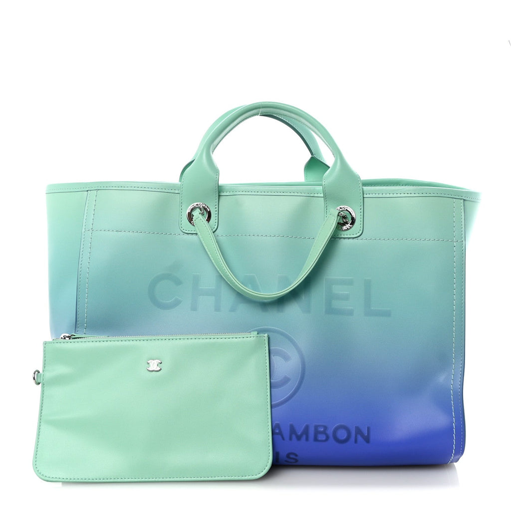 Chanel Shaded Calfskin Medium Deauville Tote Light Green Turquoise Purple