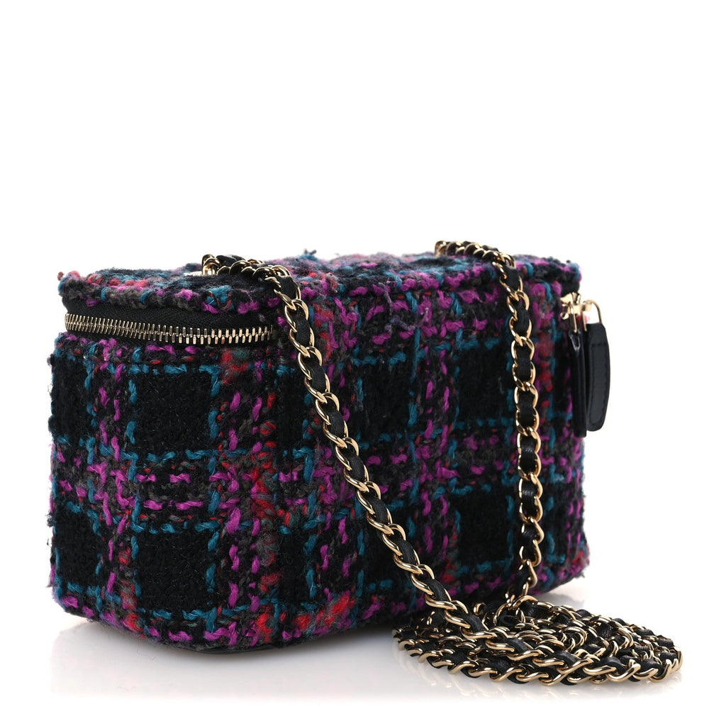 Chanel Tweed Quilted Small Vanity Case With Chain Black Purple Green Red