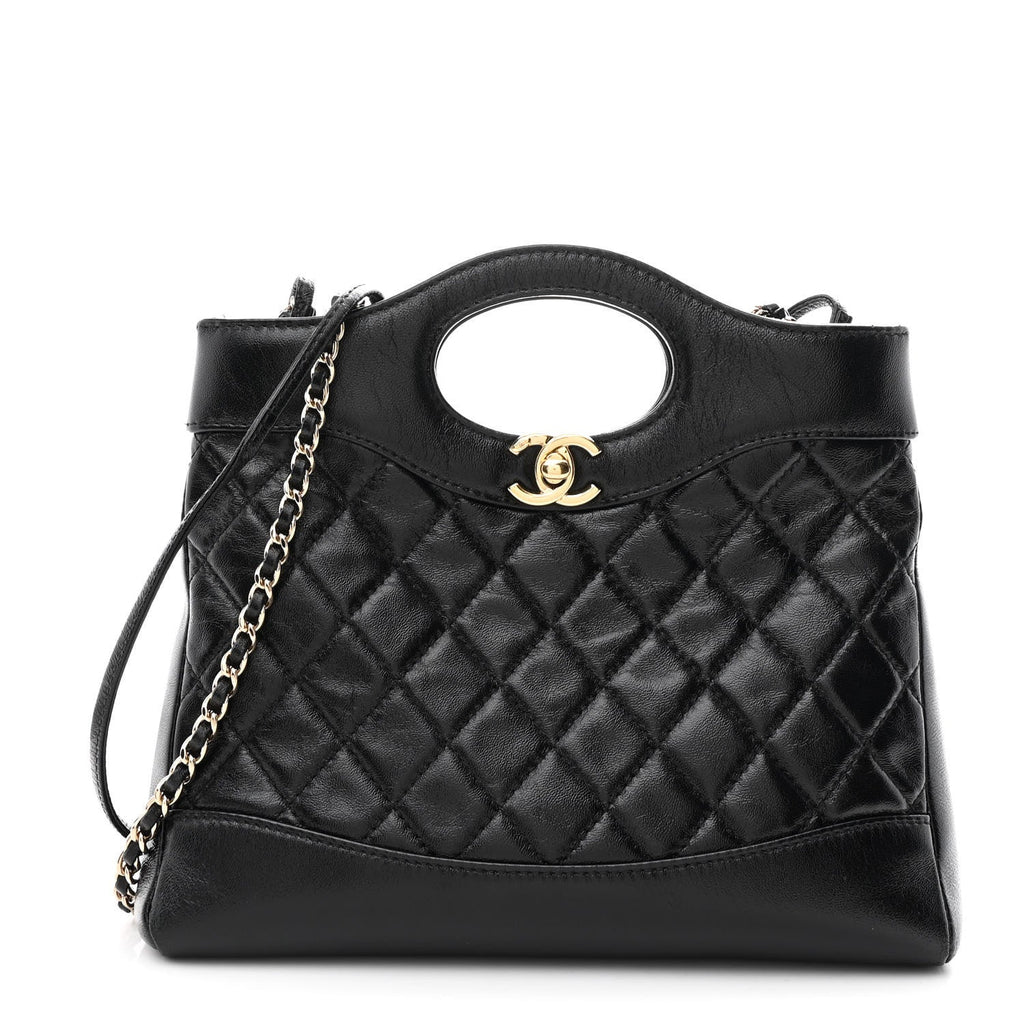 Chanel Shiny Crumpled Calfskin Quilted Mini 31 Shopping Bag Black
