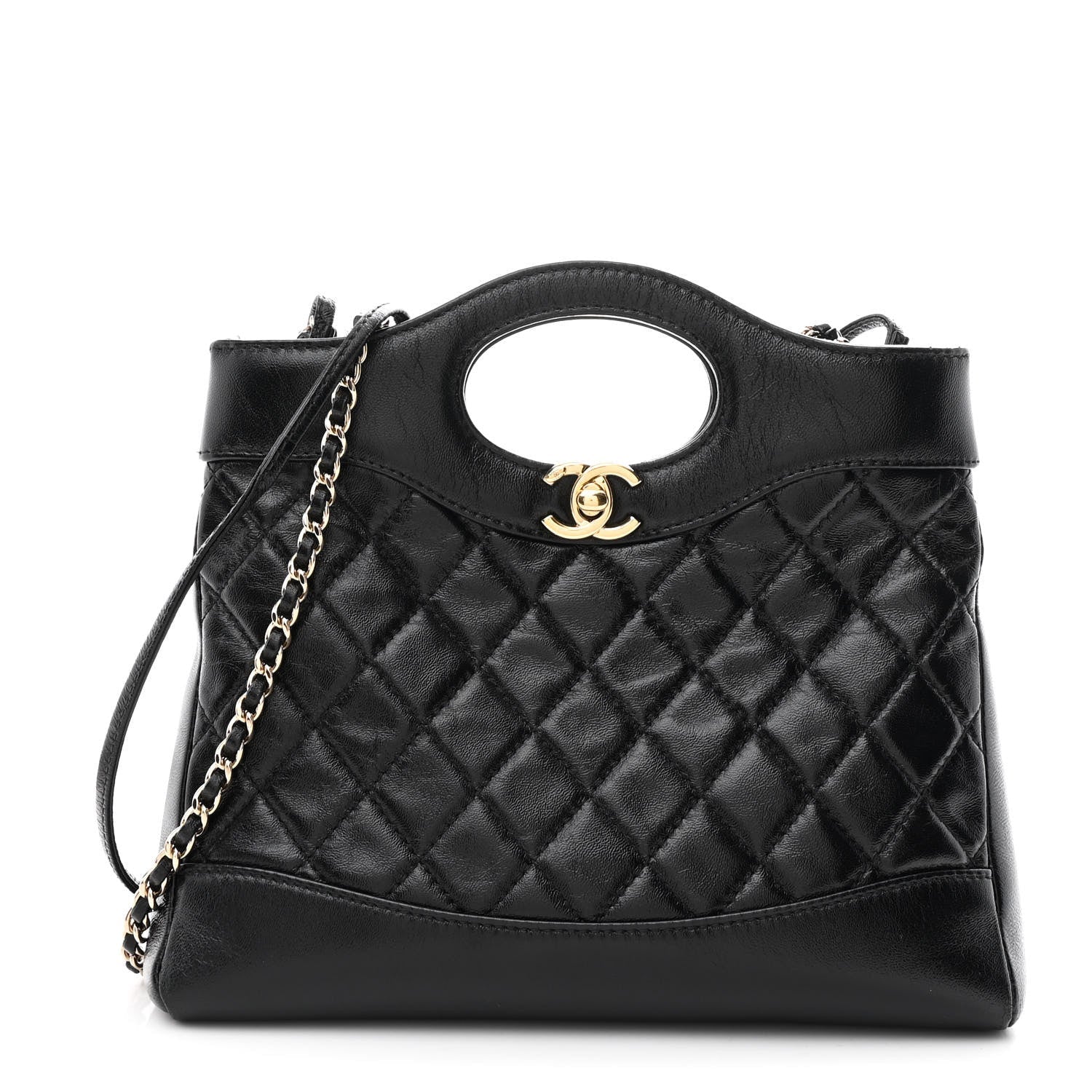 Chanel Shiny Crumpled Calfskin Quilted Mini 31 Shopping Bag Black