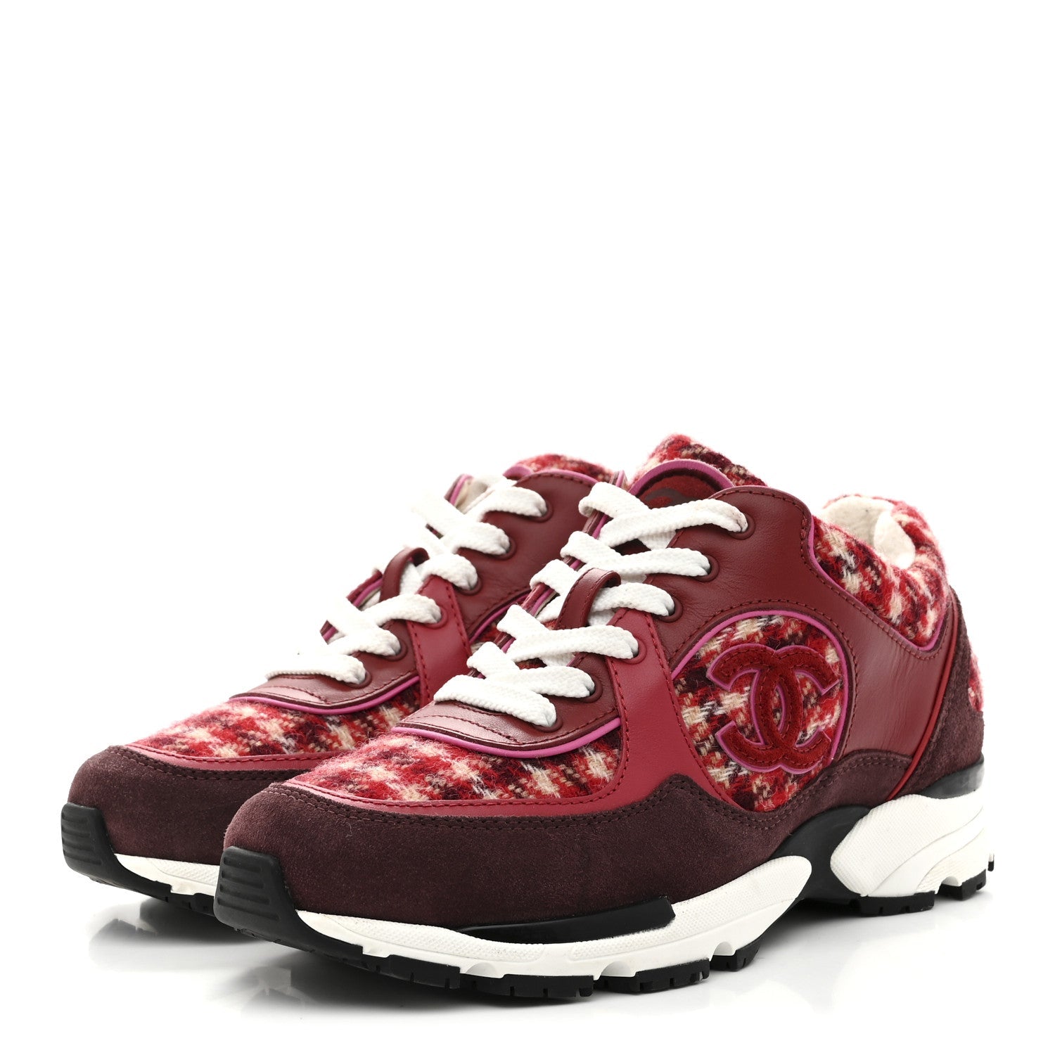 Chanel Wool Tweed Suede Calfskin Womens CC Sneakers 36 Red White Dark Brown Burgundy