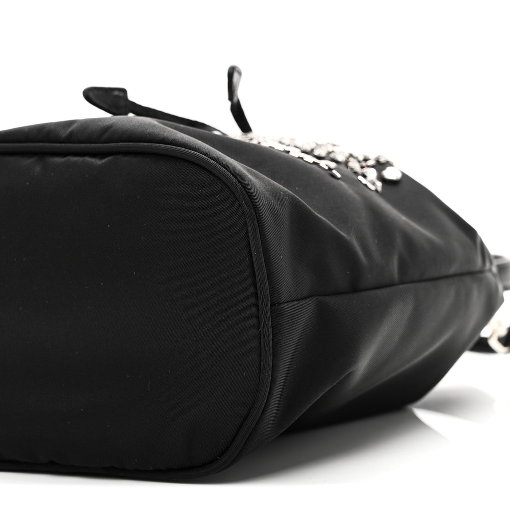 Prada Tessuto Saffiano Ricamo Sequin Crystal Embellished Mini Re-Edition 1978 Bucket Bag Black