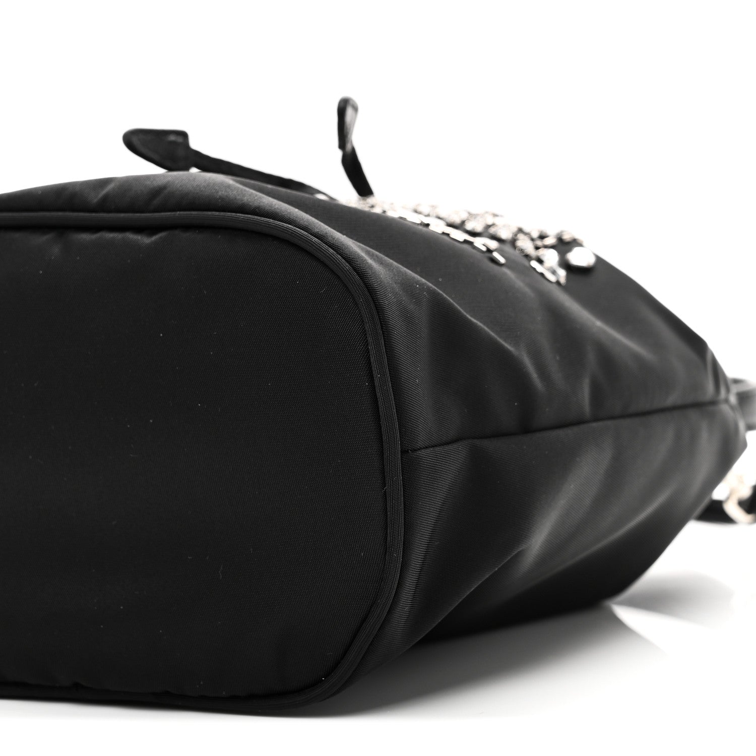 Prada Tessuto Saffiano Ricamo Sequin Crystal Embellished Mini Re-Edition 1978 Bucket Bag Black