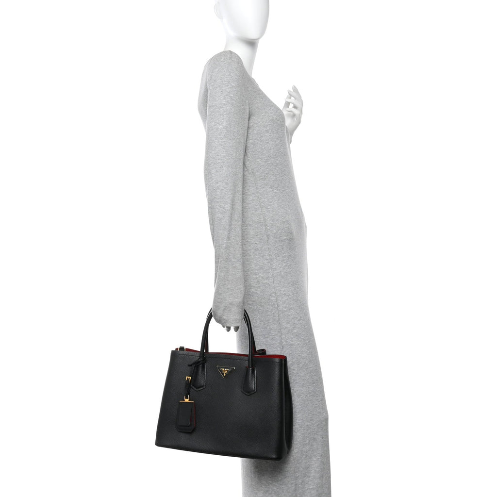 Prada Saffiano Cuir Medium Double Bag Black Fuoco