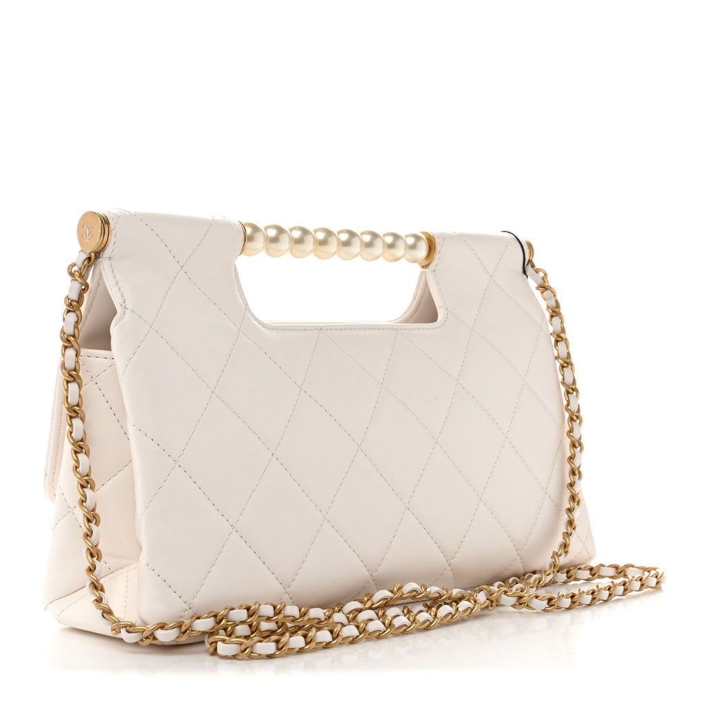Chanel Shiny Lambskin Pearl Top Handle Flap Shopping Bag White