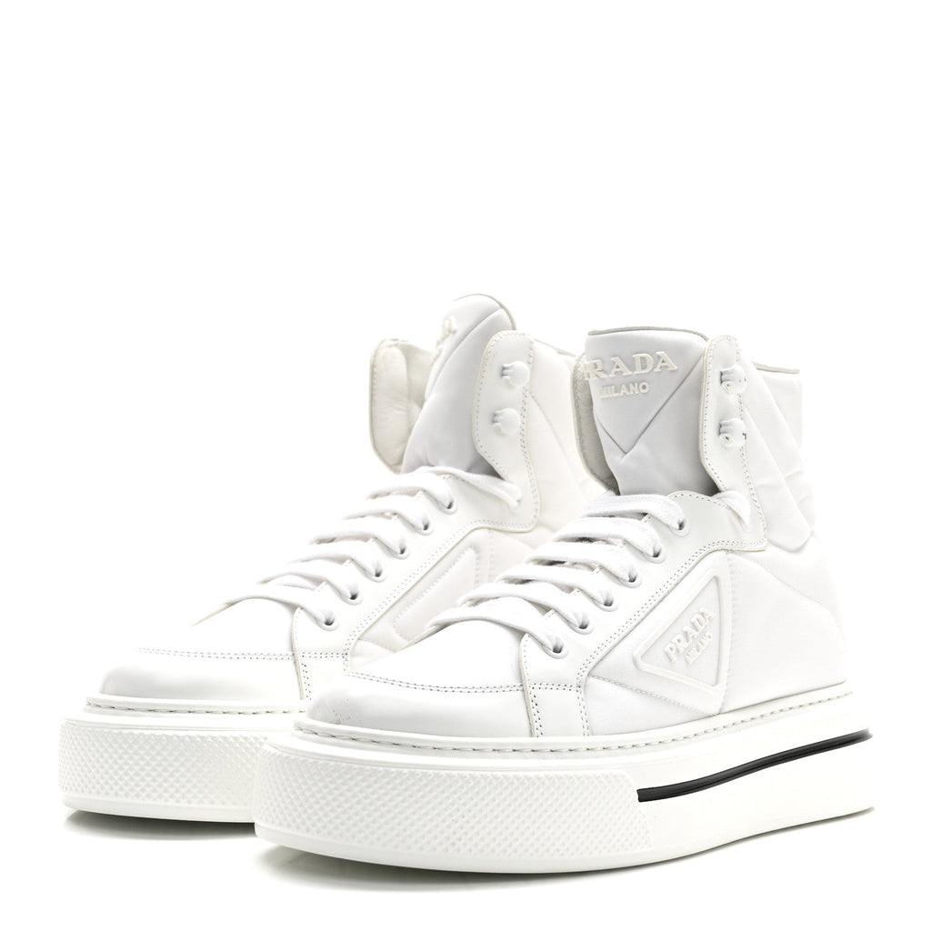 Prada Re-Nylon Gabardine Spazzolato Macro Quilted Triangle Logo High Top 45mm Sneakers 38.5 White