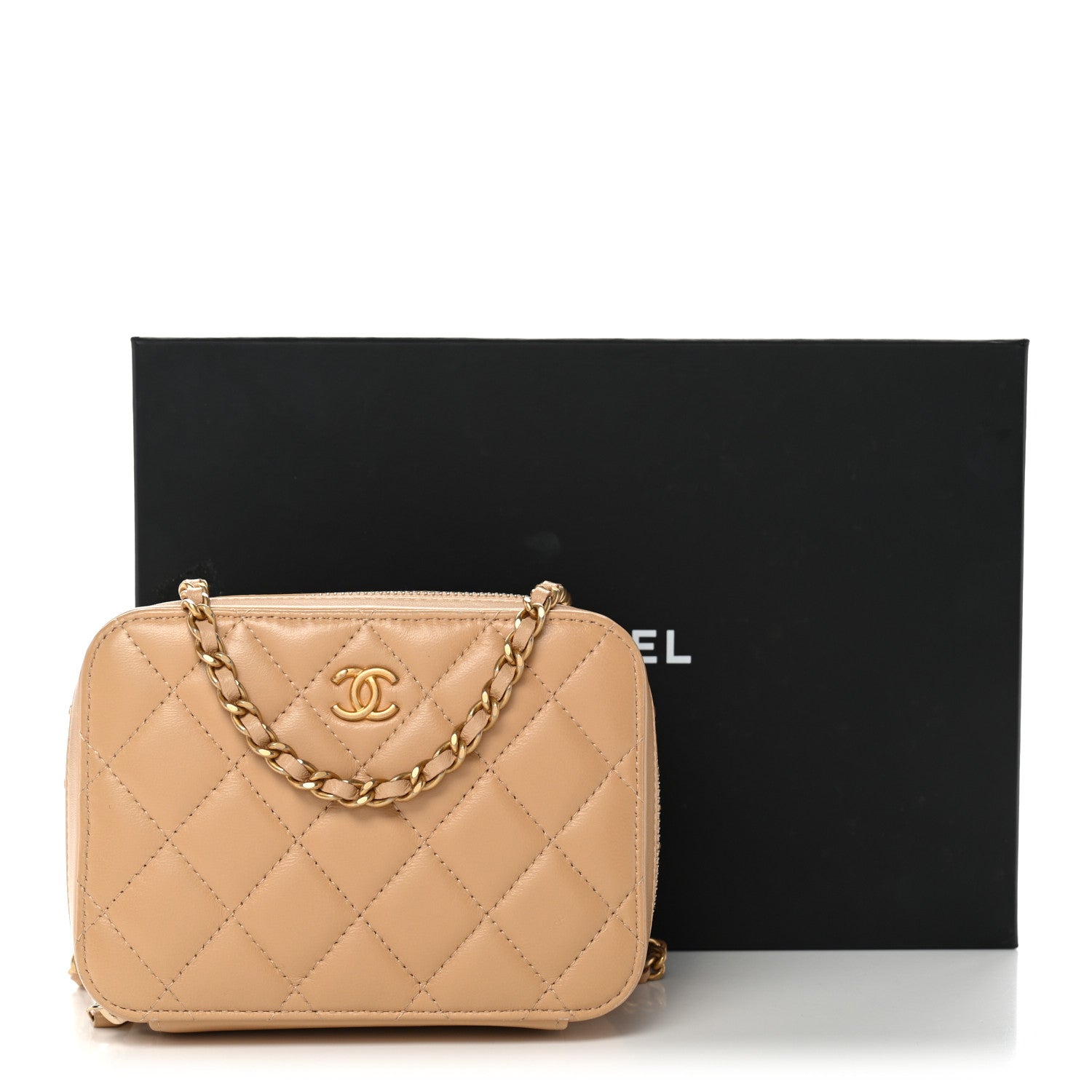 Chanel Lambskin Quilted CC Pearl Crush Camera Case Beige