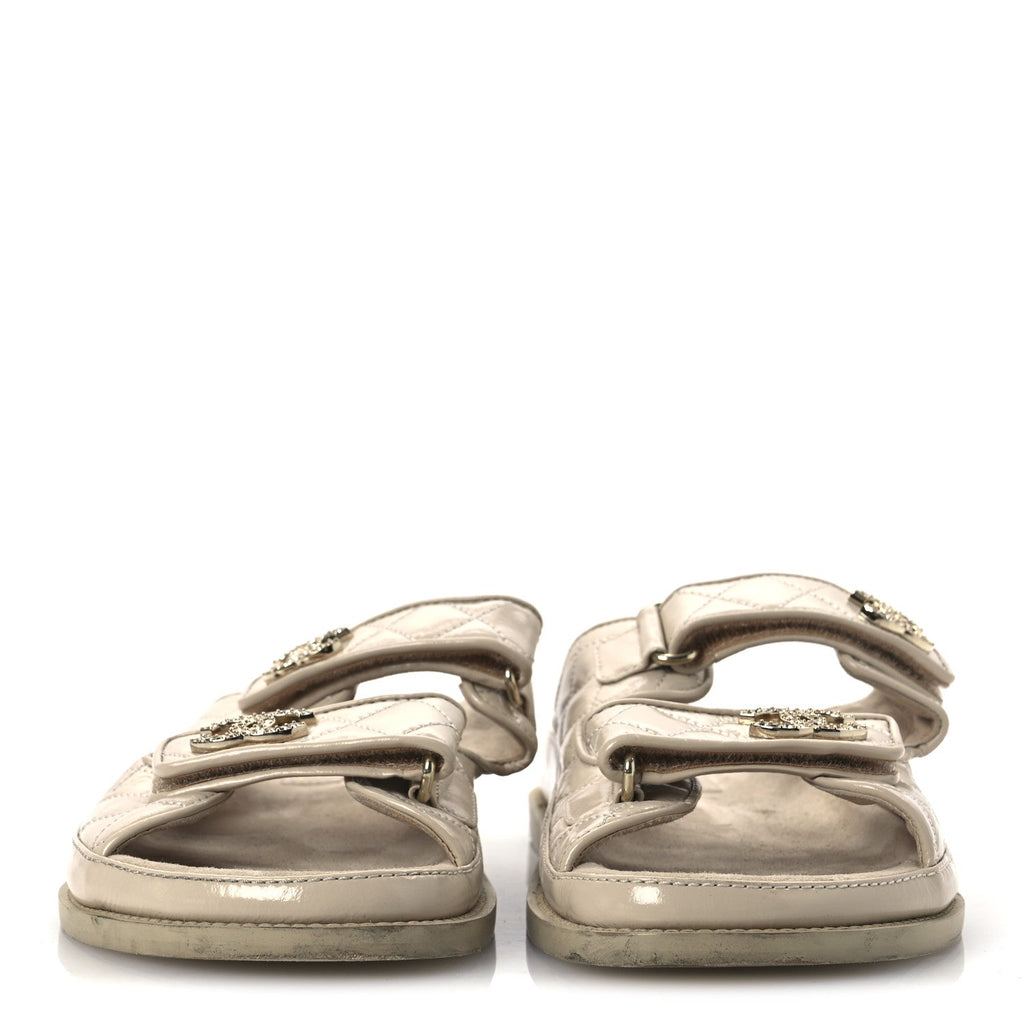 Chanel Shiny Calfskin Quilted Velcro Dad Crystal CC Slide Sandals 39 Beige