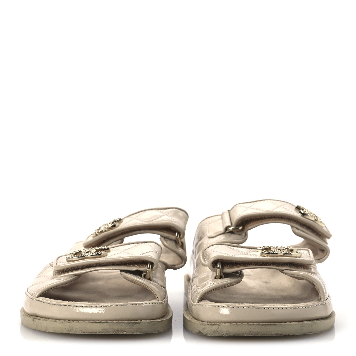 Chanel Shiny Calfskin Quilted Velcro Dad Crystal CC Slide Sandals 39 Beige