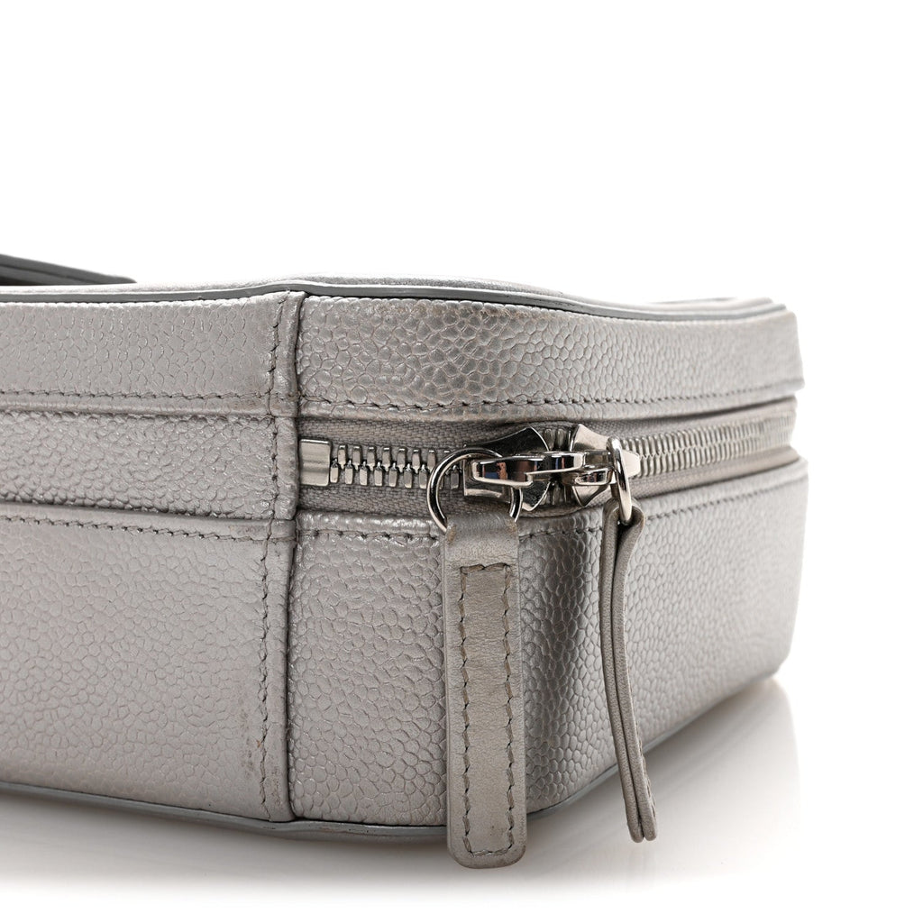 Chanel Metallic Caviar Quilted Medium CC Filigree Vanity Case Silver