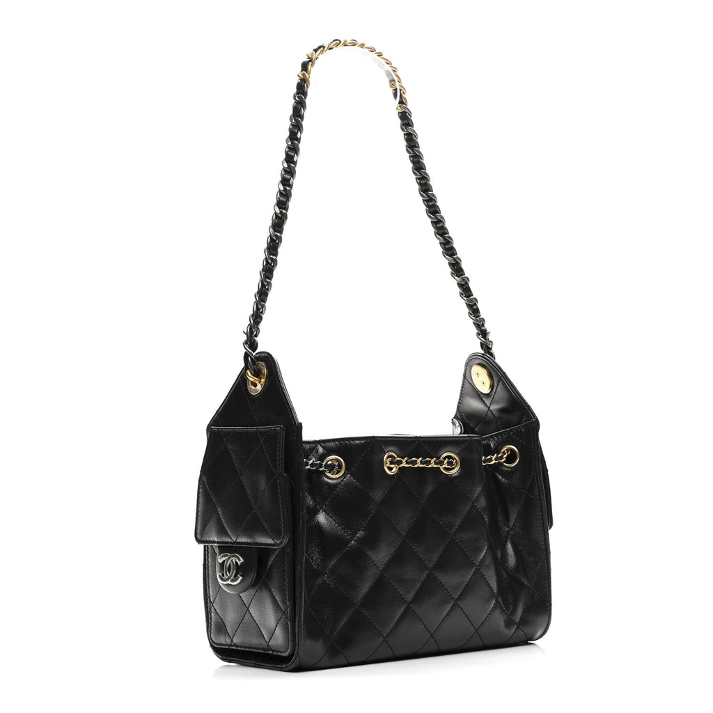Chanel Shiny Crumpled Quilted Mini Chanel 25 Handbag Black