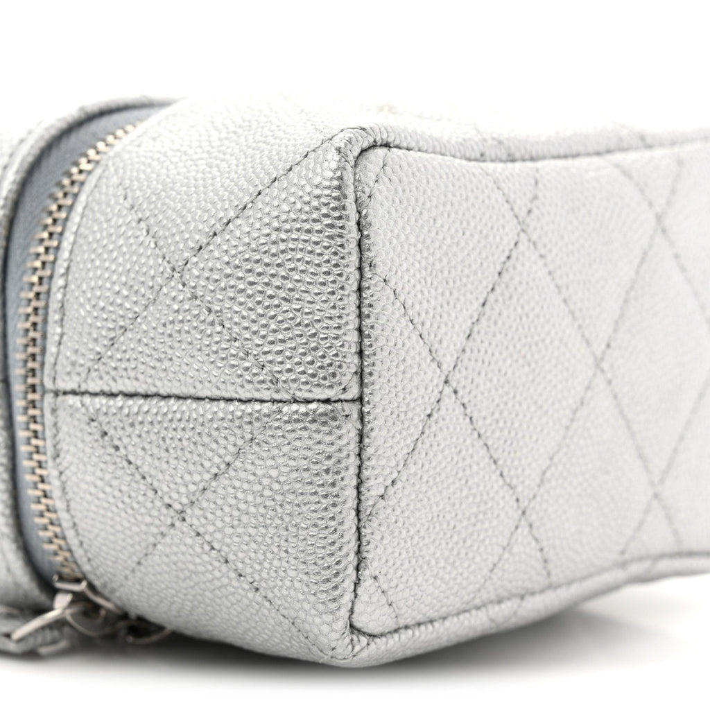 Chanel Metallic Caviar Quilted Mini Top Handle Vanity With Chain Silver