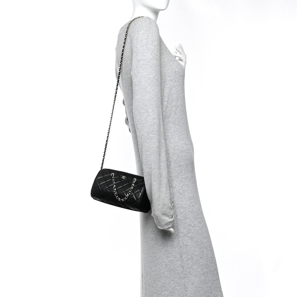 Chanel Caviar Quilted Barrel Clutch With Chain  Black