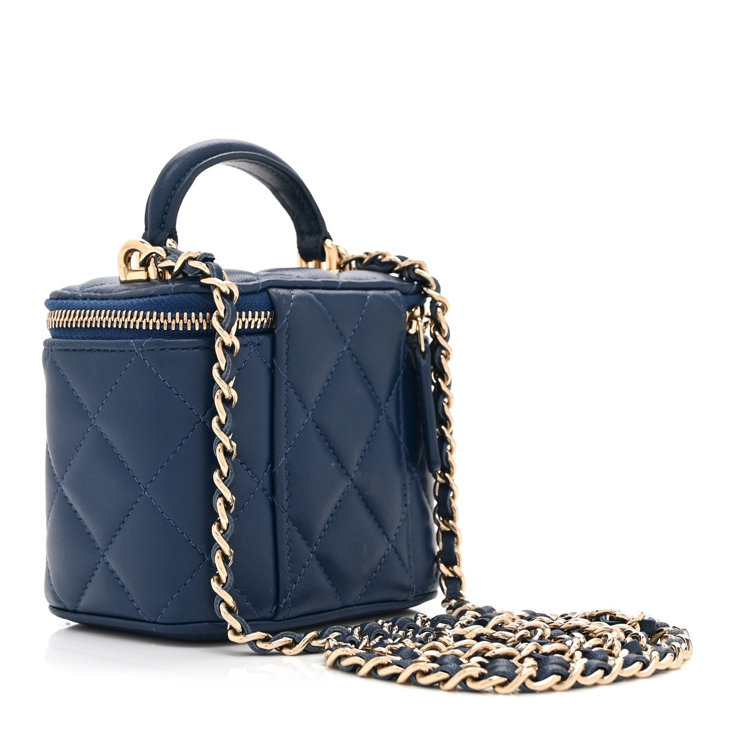 Chanel Lambskin Quilted Top Handle Mini Vanity Case With Chain Blue