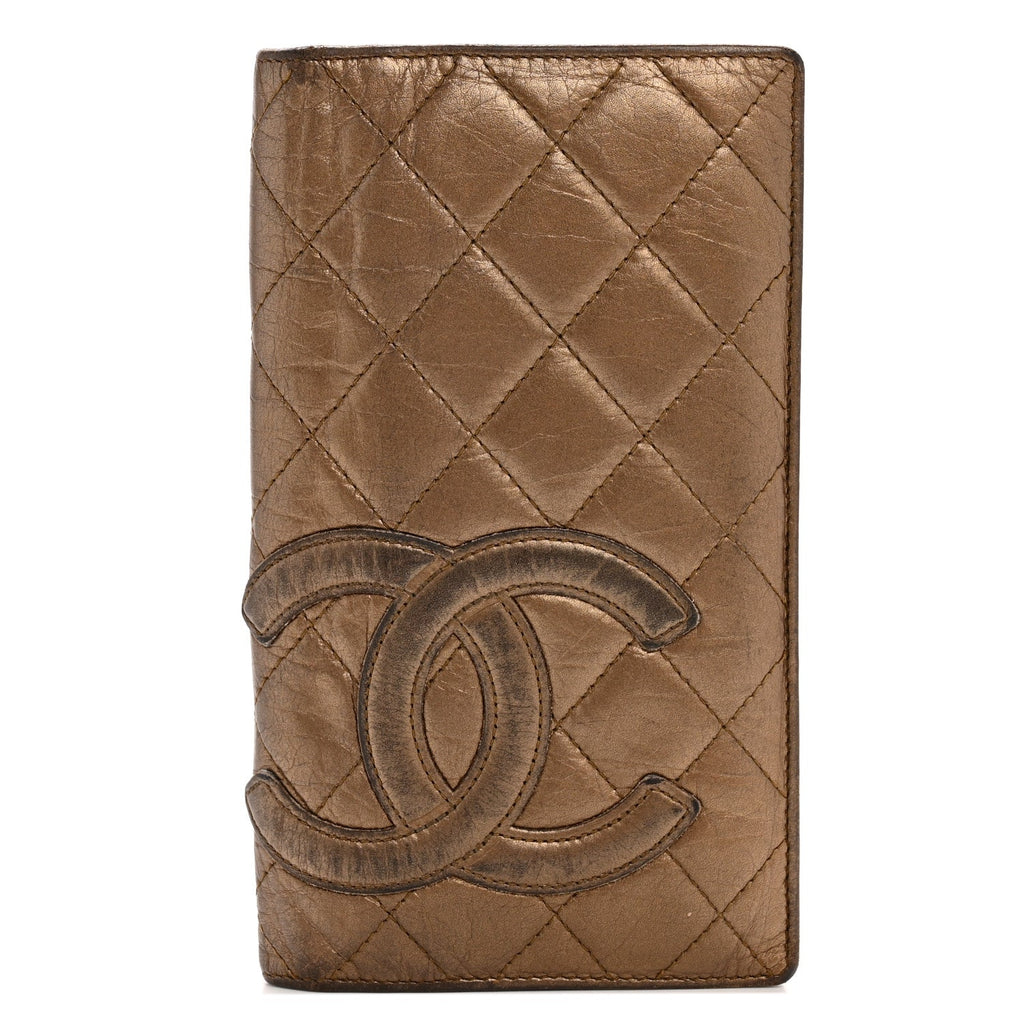 Metallic Aged Calfskin Quilted Cambon Yen Wallet Gold