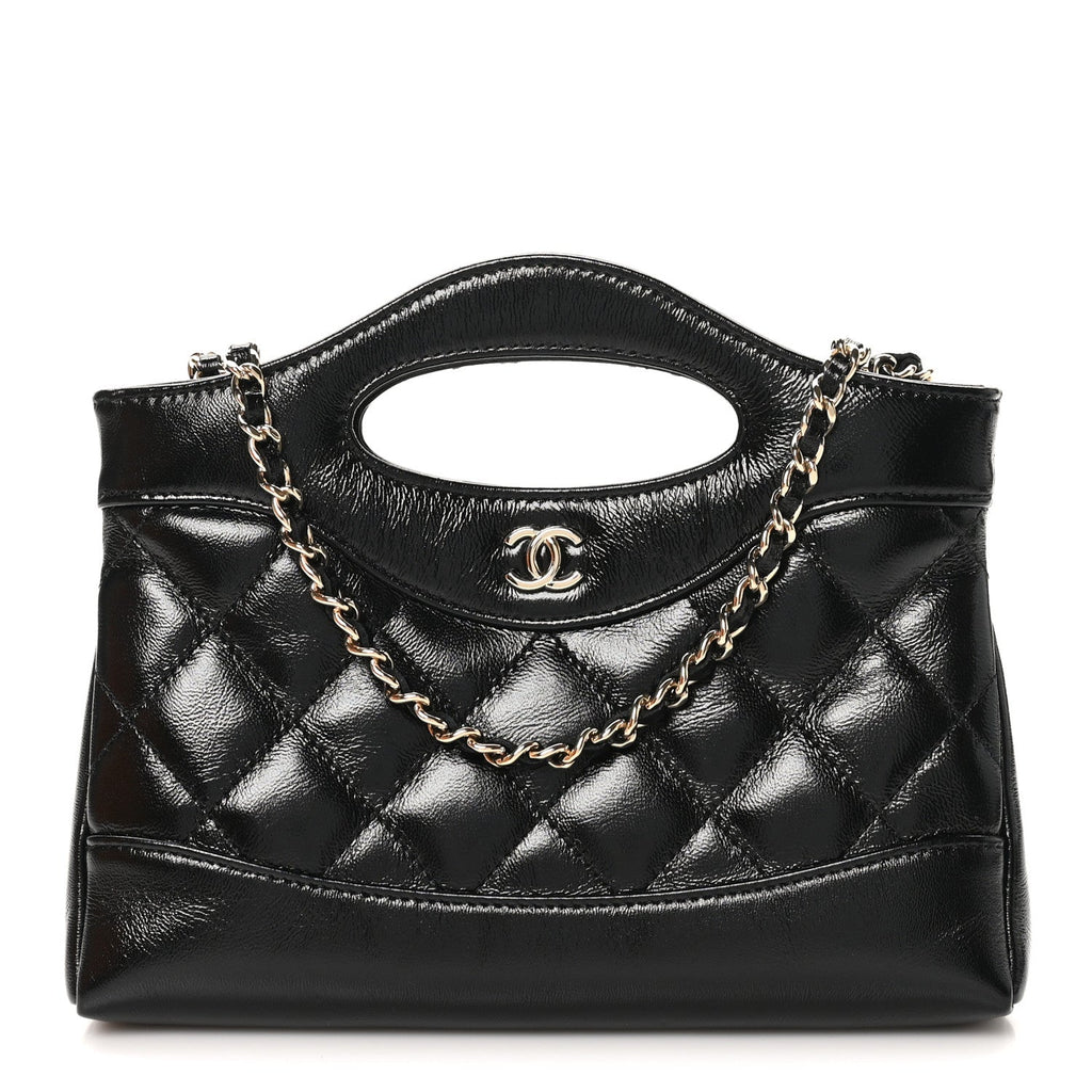 Chanel Shiny Crumpled Calfskin Quilted Nano 31 Shopping Bag Black