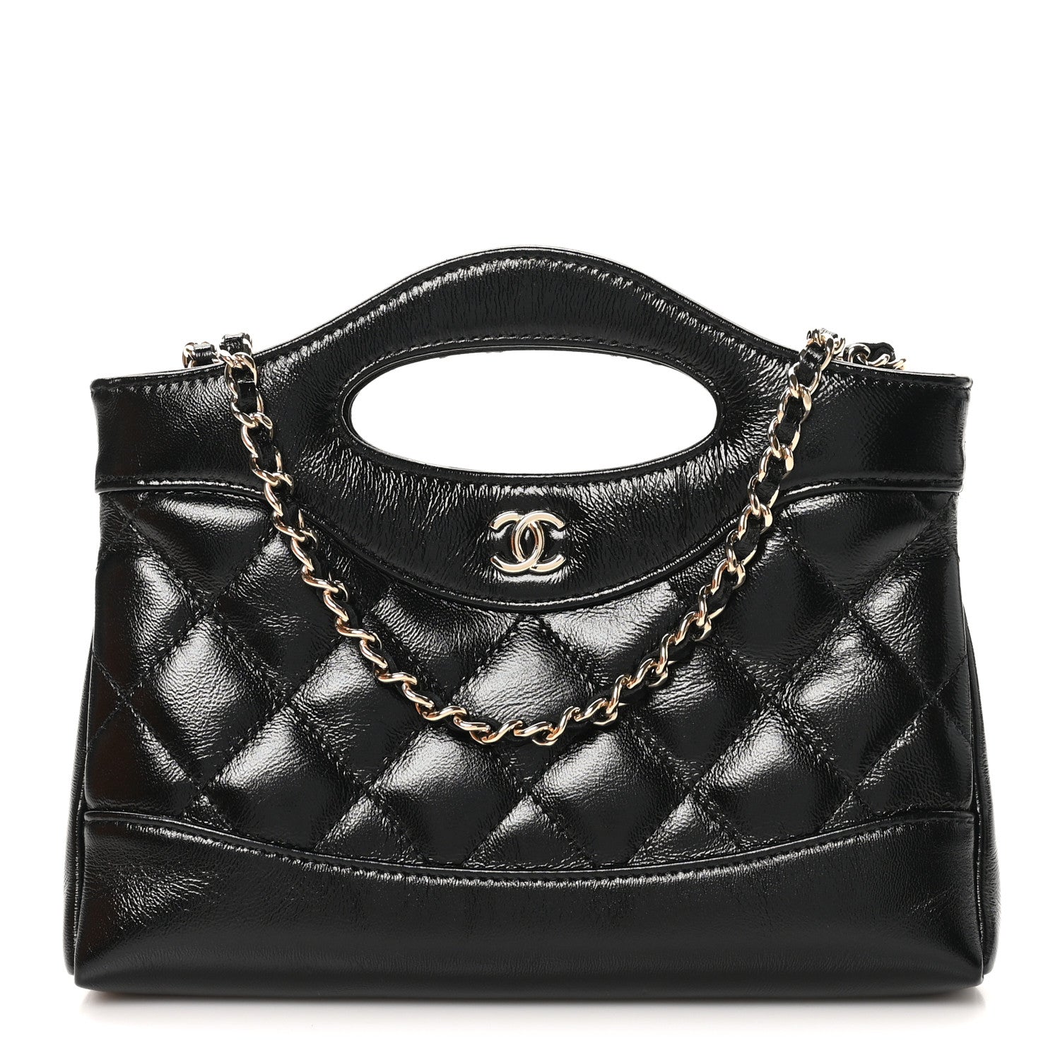 Chanel Shiny Crumpled Calfskin Quilted Nano 31 Shopping Bag Black