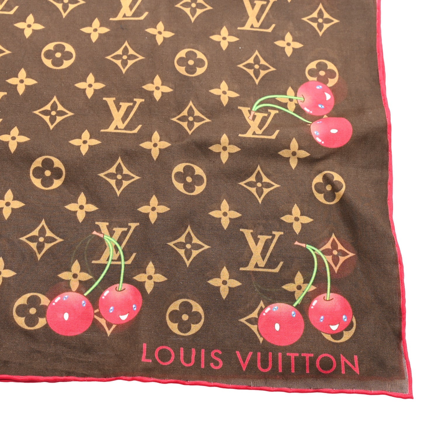 Louis Vuitton LV X TM Silk Cotton Monogram Cerises Square Scarf 55 Brown