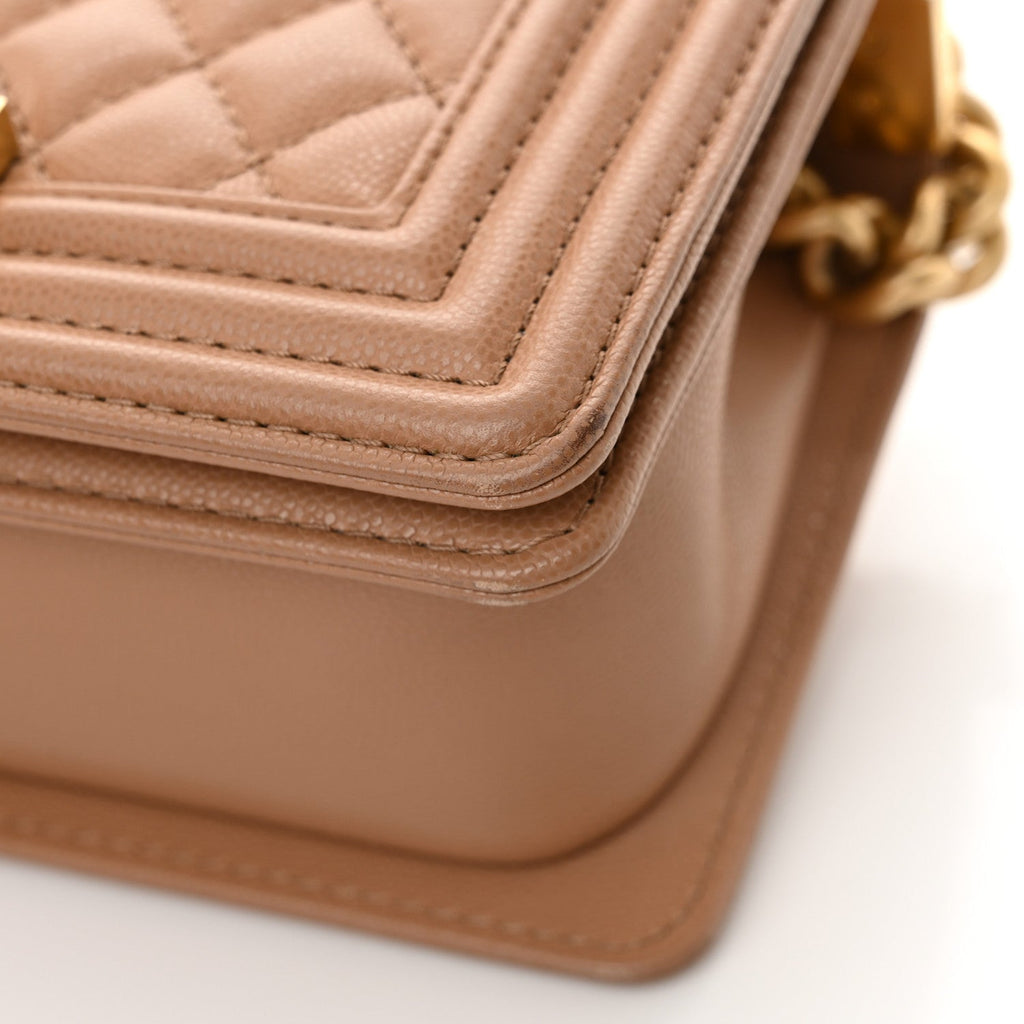 Chanel Caviar Quilted Small Top Handle Boy Flap Beige