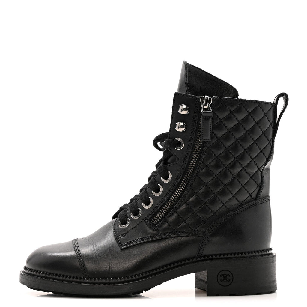 Calfskin Quilted Lace Up Combat Boots 36.5 Black