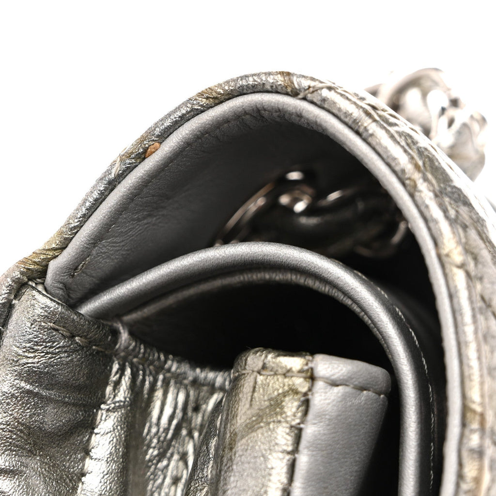 Chanel Metallic Patent Crumpled Calfskin Chevron Quilted Medium Double Flap Silver