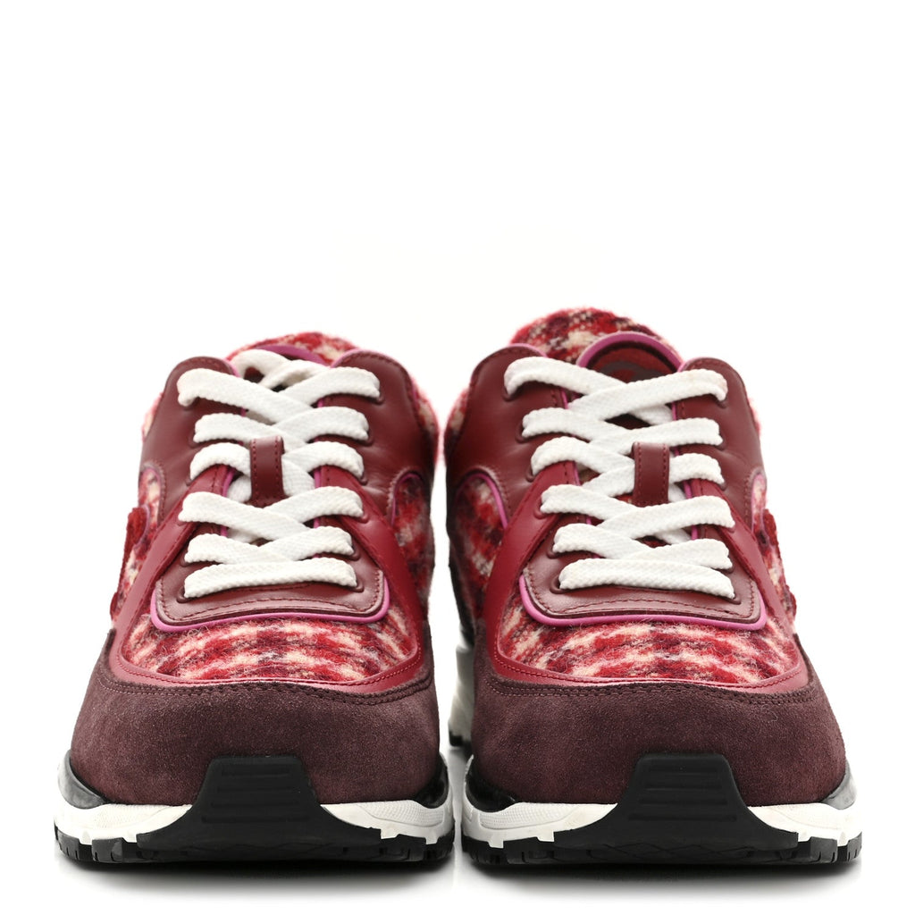 Chanel Wool Tweed Suede Calfskin Womens CC Sneakers 36 Red White Dark Brown Burgundy